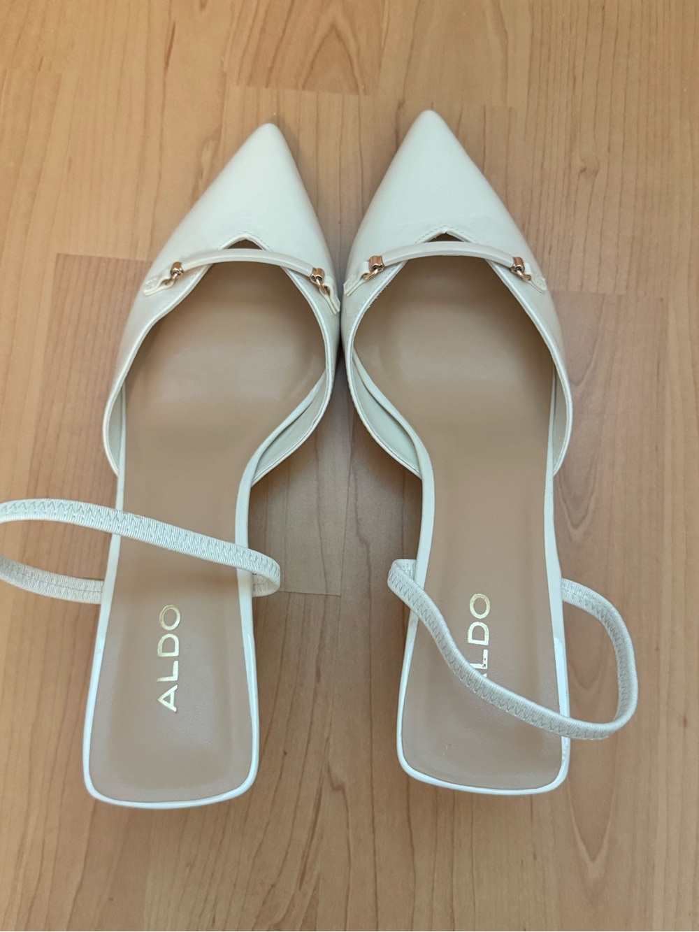 Aldo Ivory Pointed-Toe Slingback Mules with Gold Accent